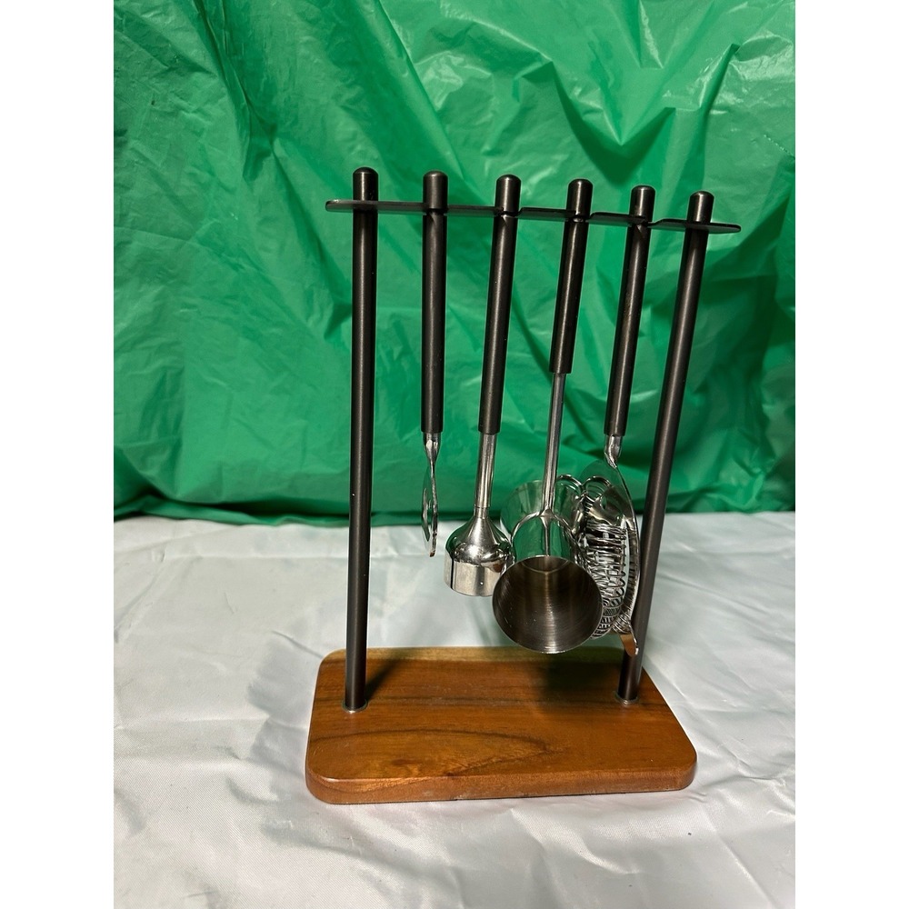 Bar Tool Set w/‎ Wooden Stand Stainless Steel Cocktail Tools Home Bar